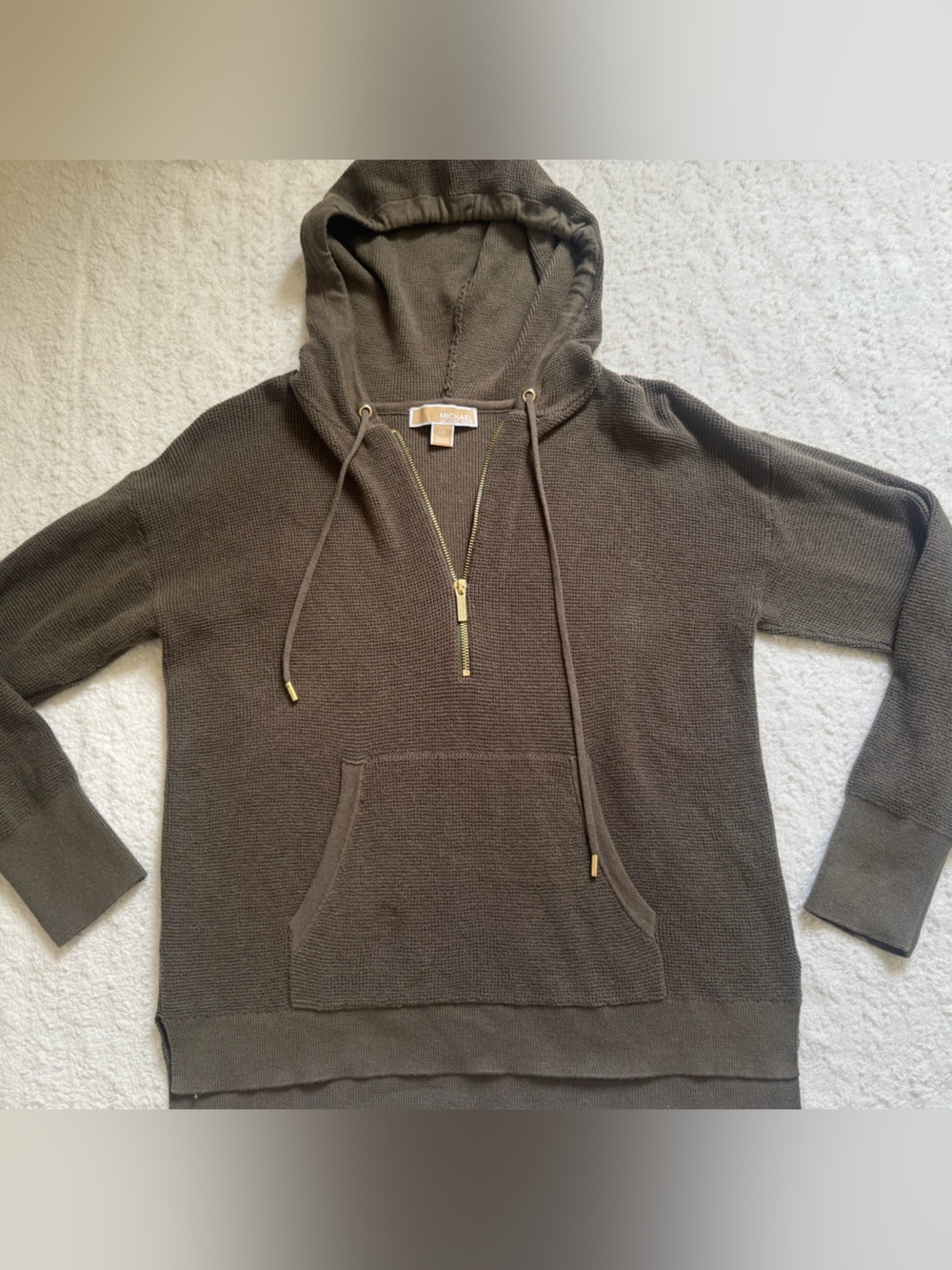 Michael Kors olive green Waffle Knit Hoodie Sweater Kangaroo Pocket Large